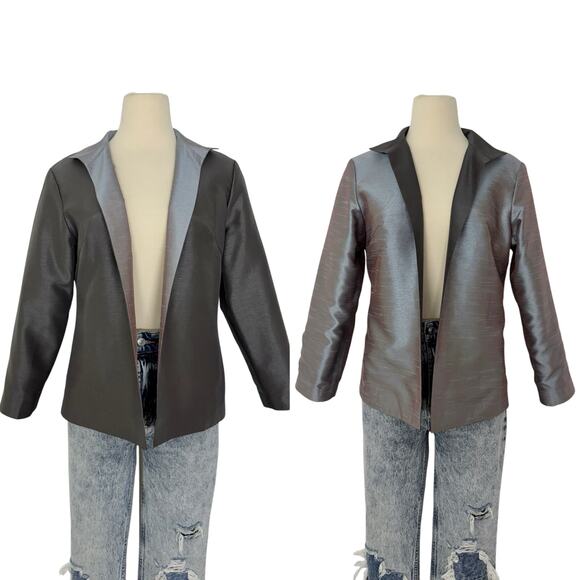 Grace Chuang Open Front Reversible Blazer Jacket Shimmery Silver Gray Size S - Picture 1 of 12